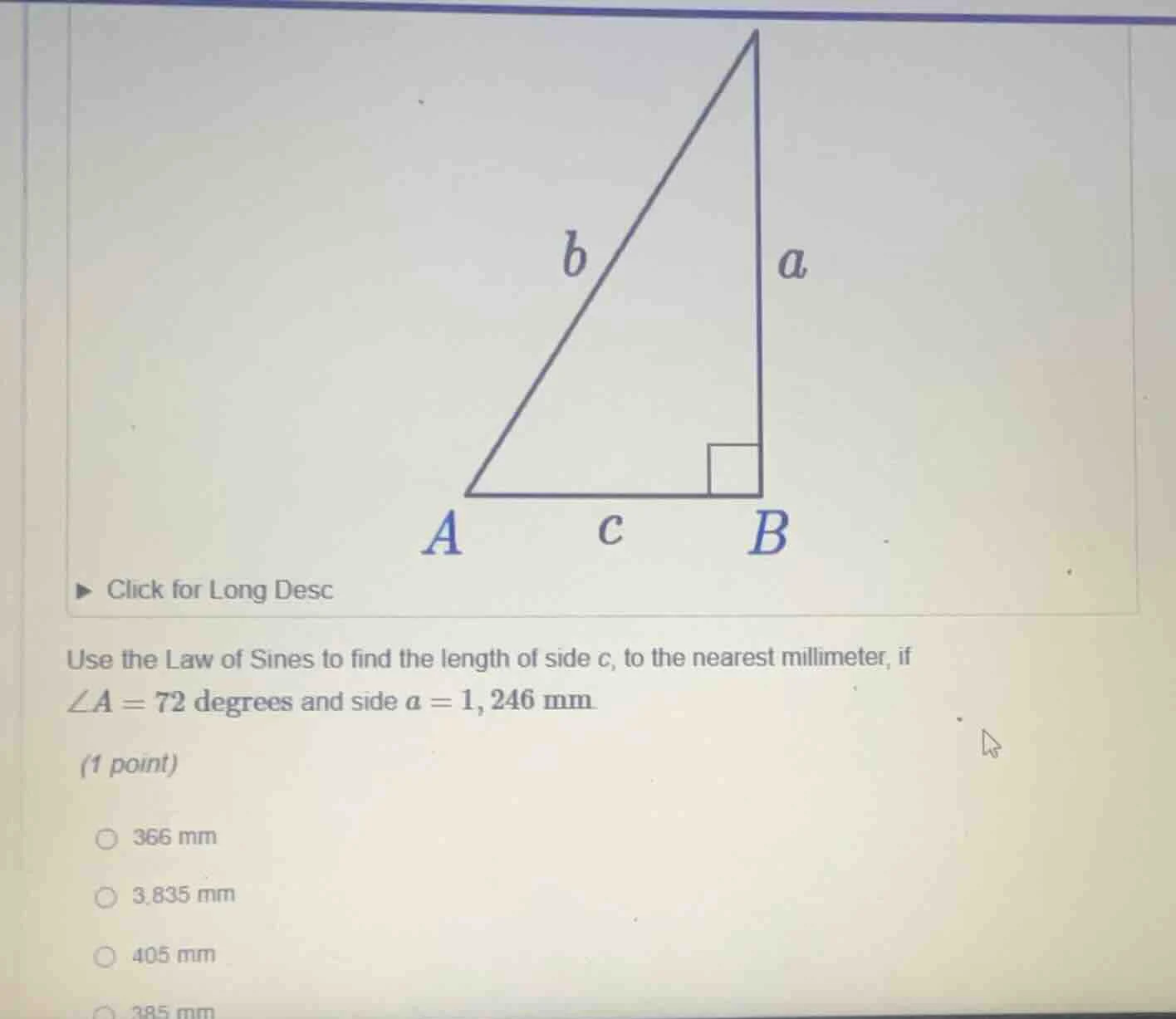 use the law of sines to find the length of side c, to the nearest milli…