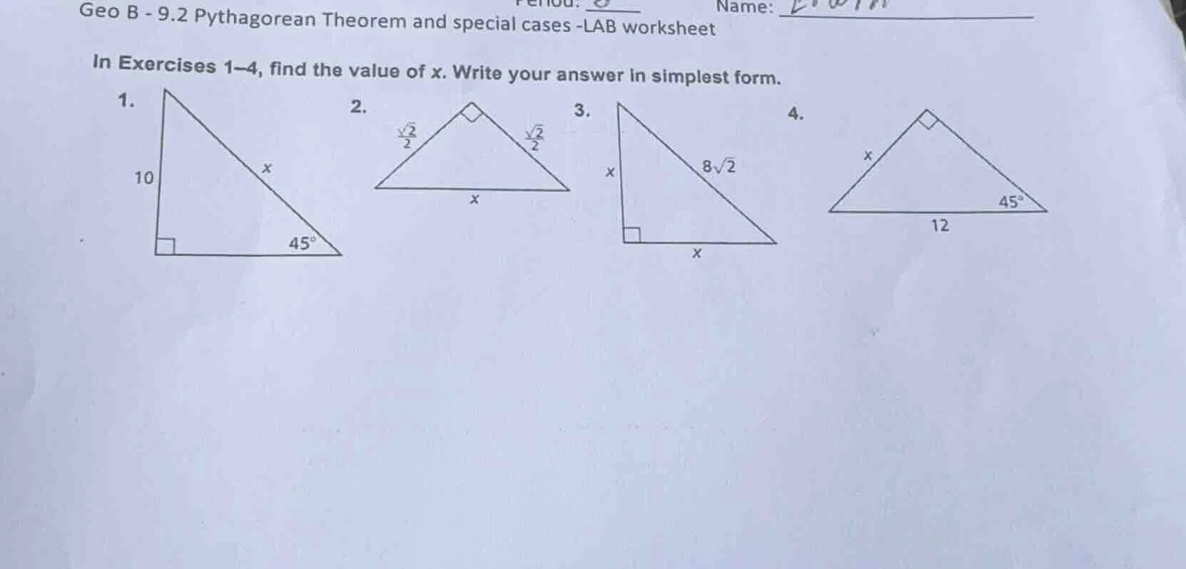 geo b - 9.2 pythagorean theorem and special cases -lab worksheet in exe…