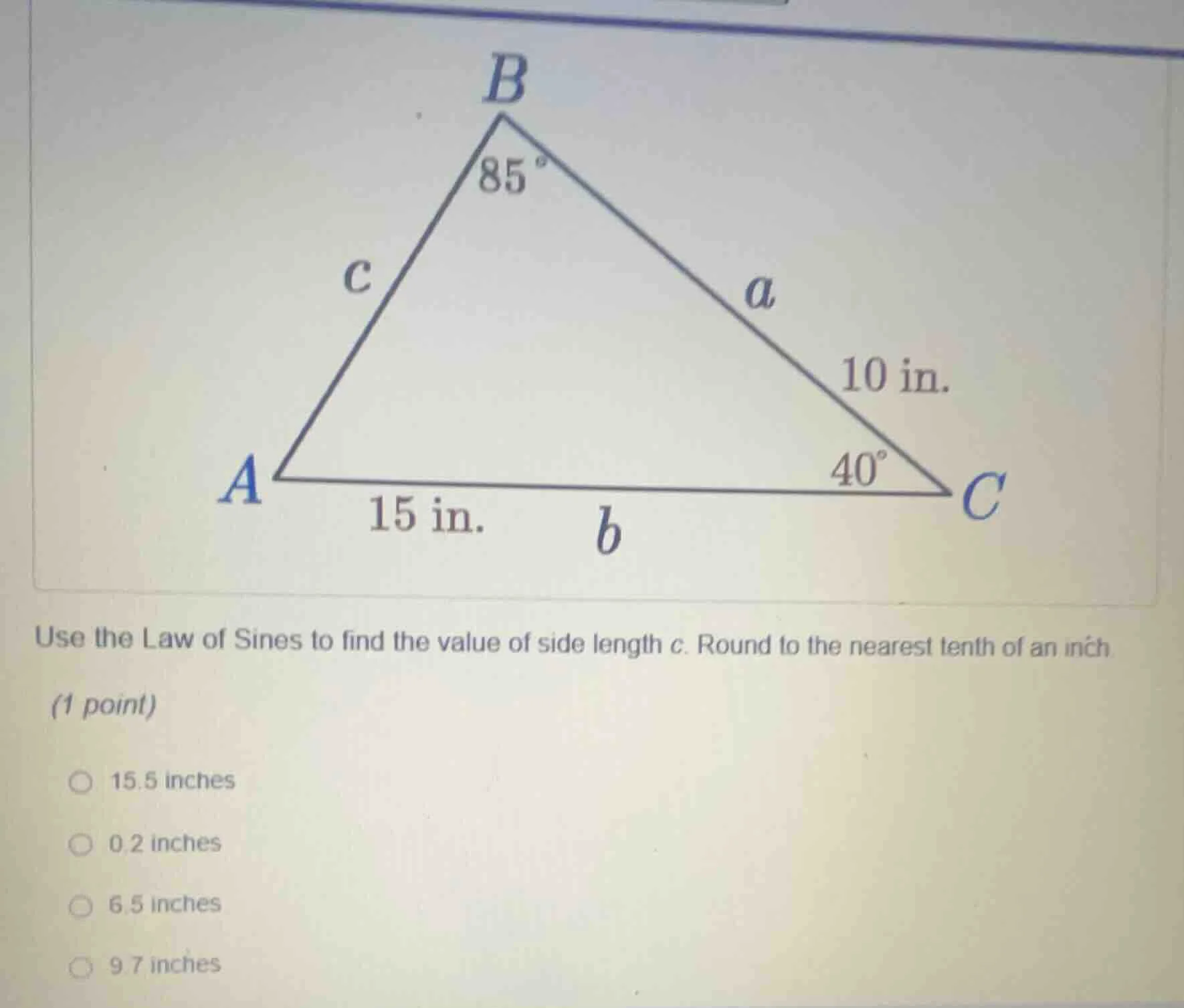 use the law of sines to find the value of side length c. round to the n…