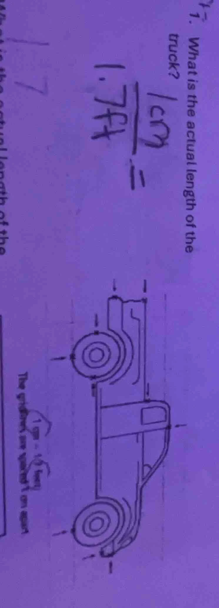 1. what is the actual length of the truck? 1cm = 1.7ft