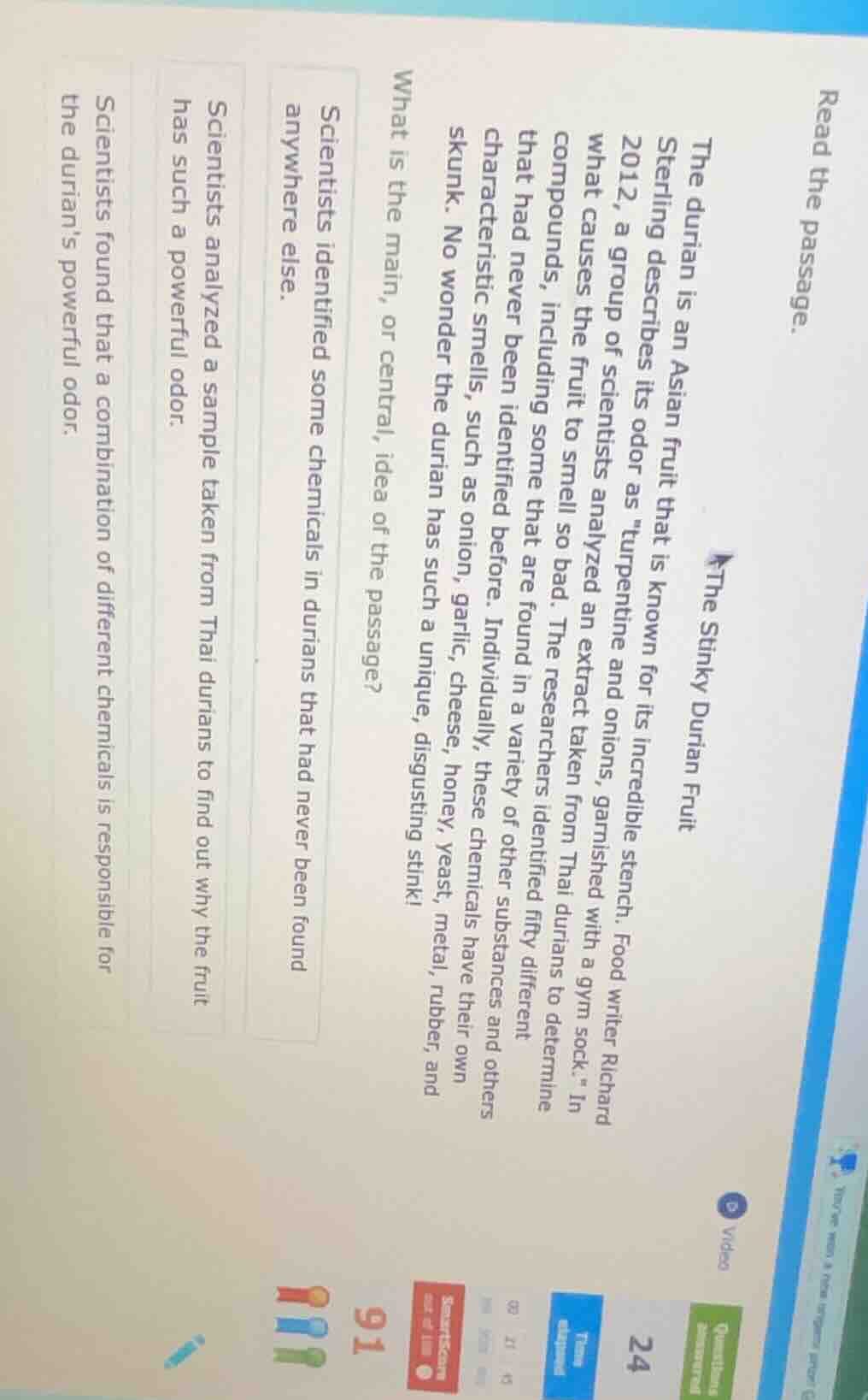 read the passage. the stinky durian fruit the durian is an asian fruit …