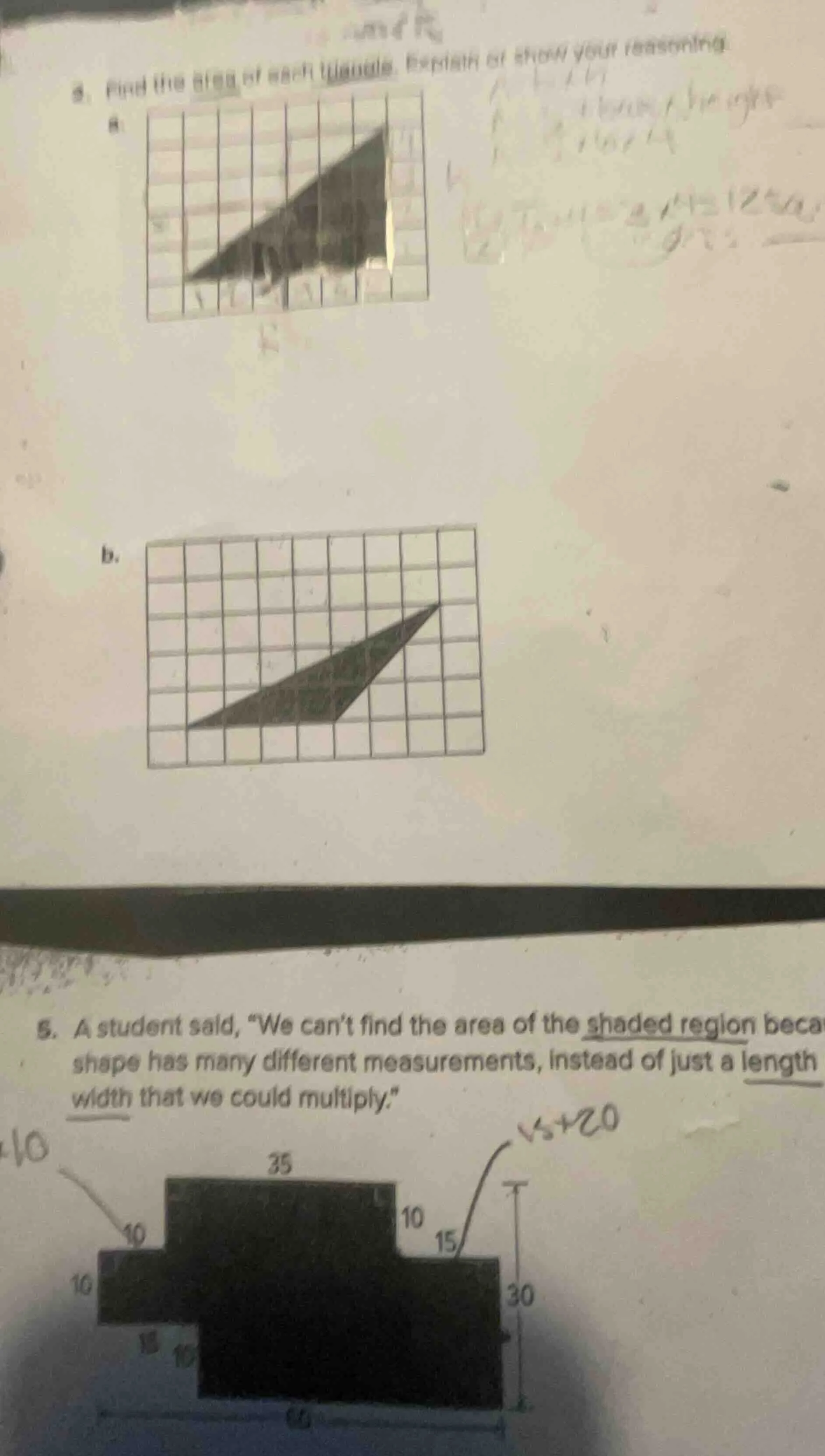 4. find the area of each triangle. explain or show your reasoning. a. b…