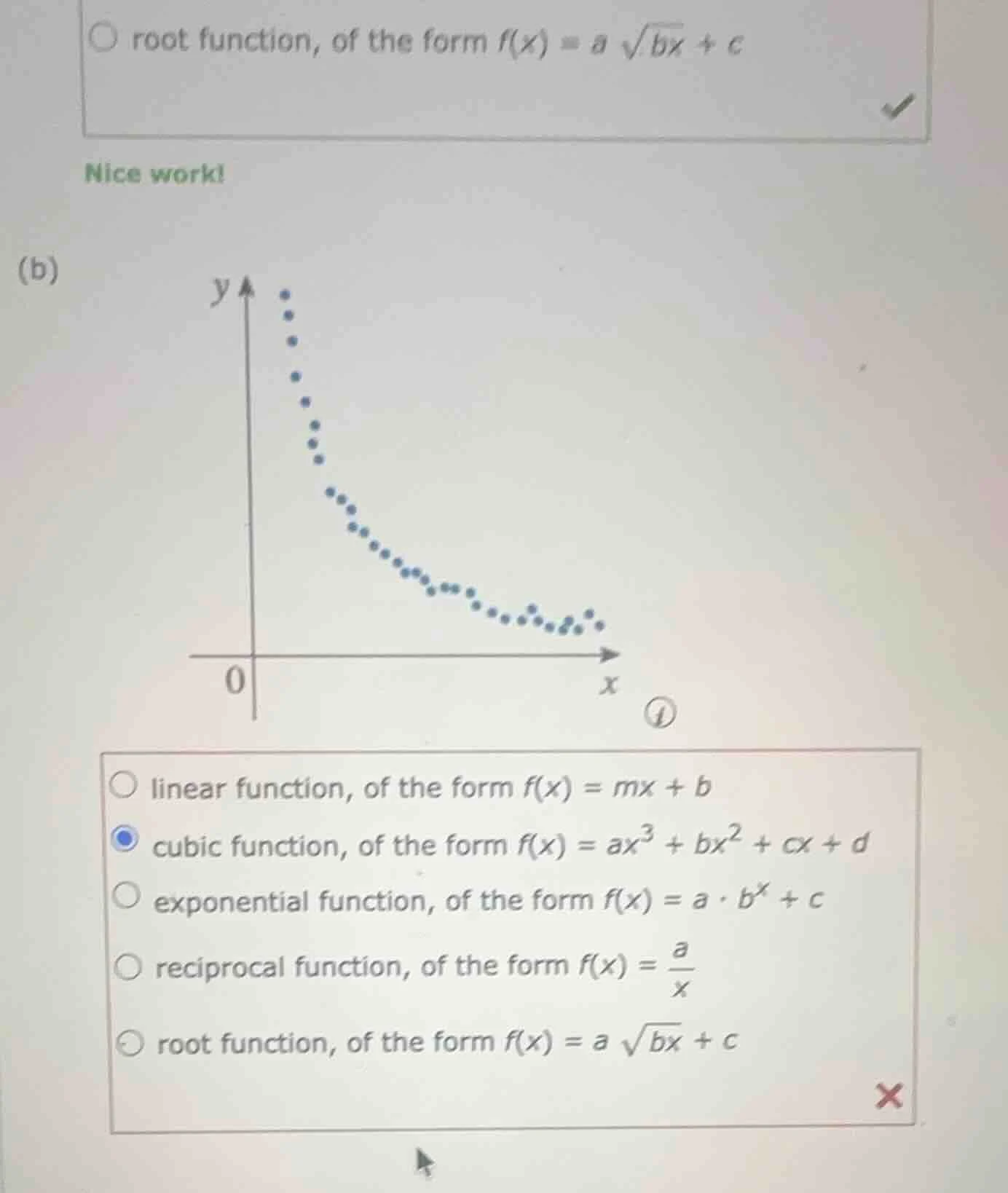 (b) nice work! linear function, of the form f(x) = mx + b cubic functio…