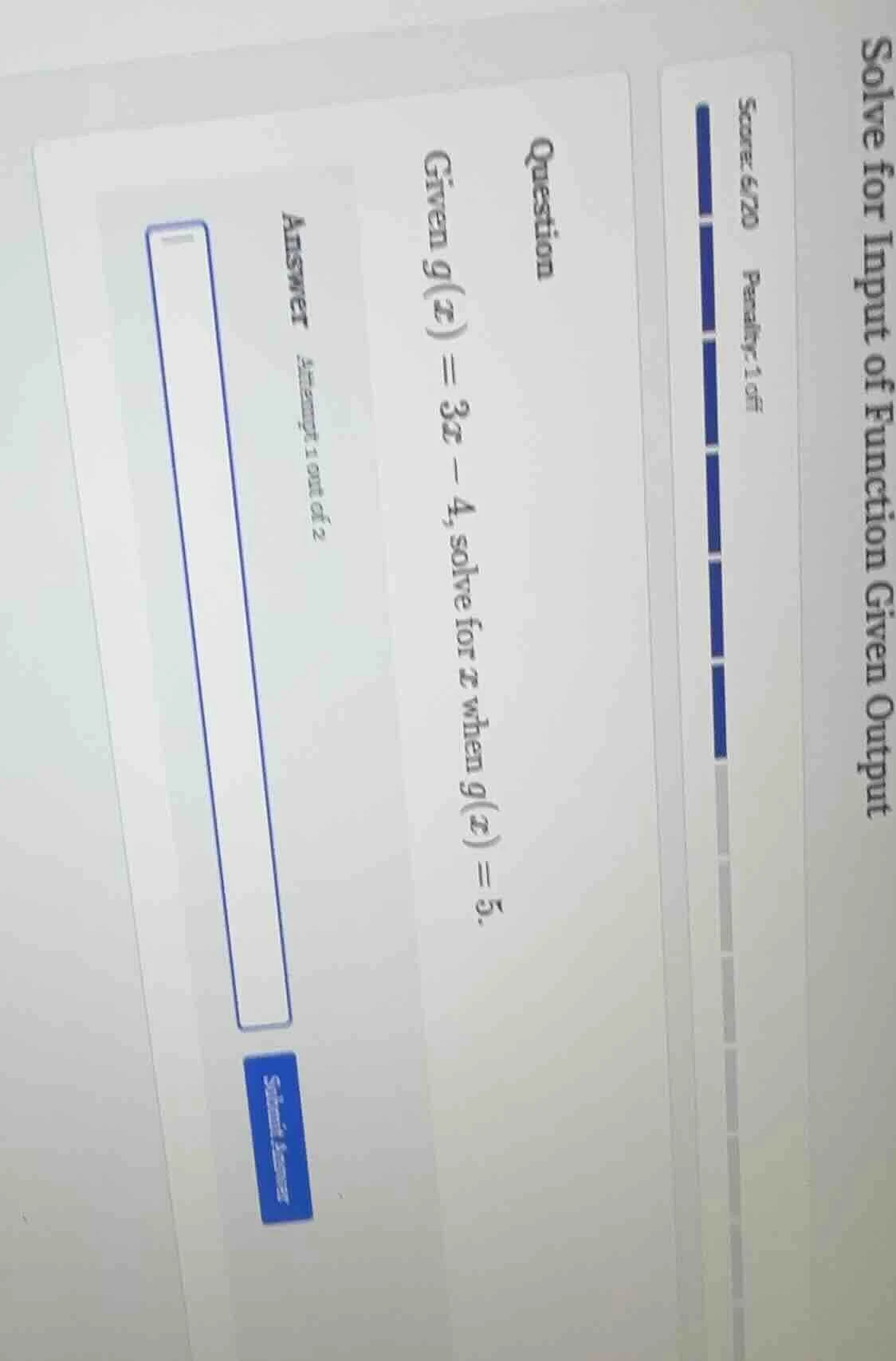 question given ( g(x) = 3x - 4 ), solve for ( x ) when ( g(x) = 5 ). an…