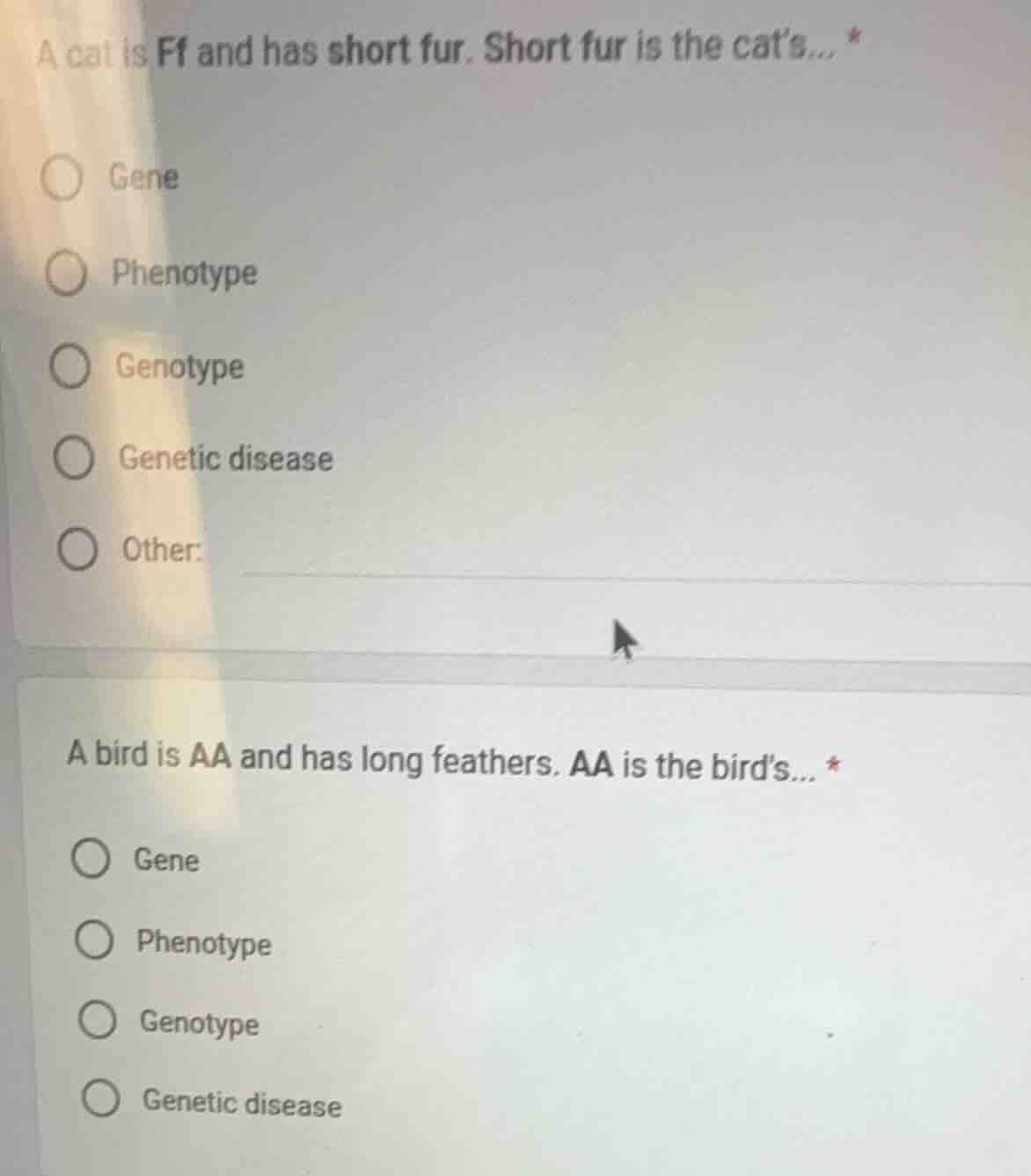 a cat is ff and has short fur. short fur is the cat’s... options: gene,…