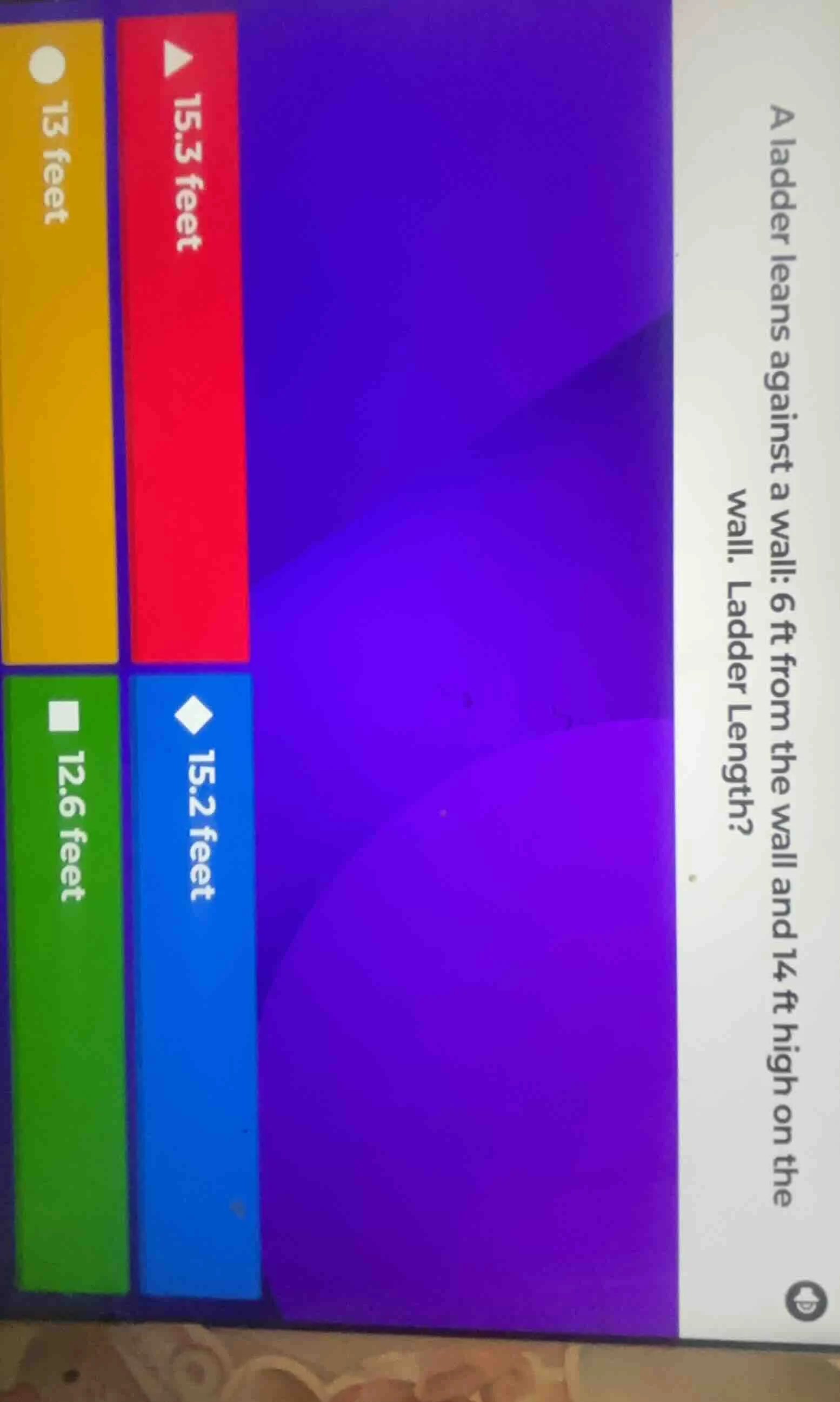 a ladder leans against a wall: 6 ft from the wall and 14 ft high on the…