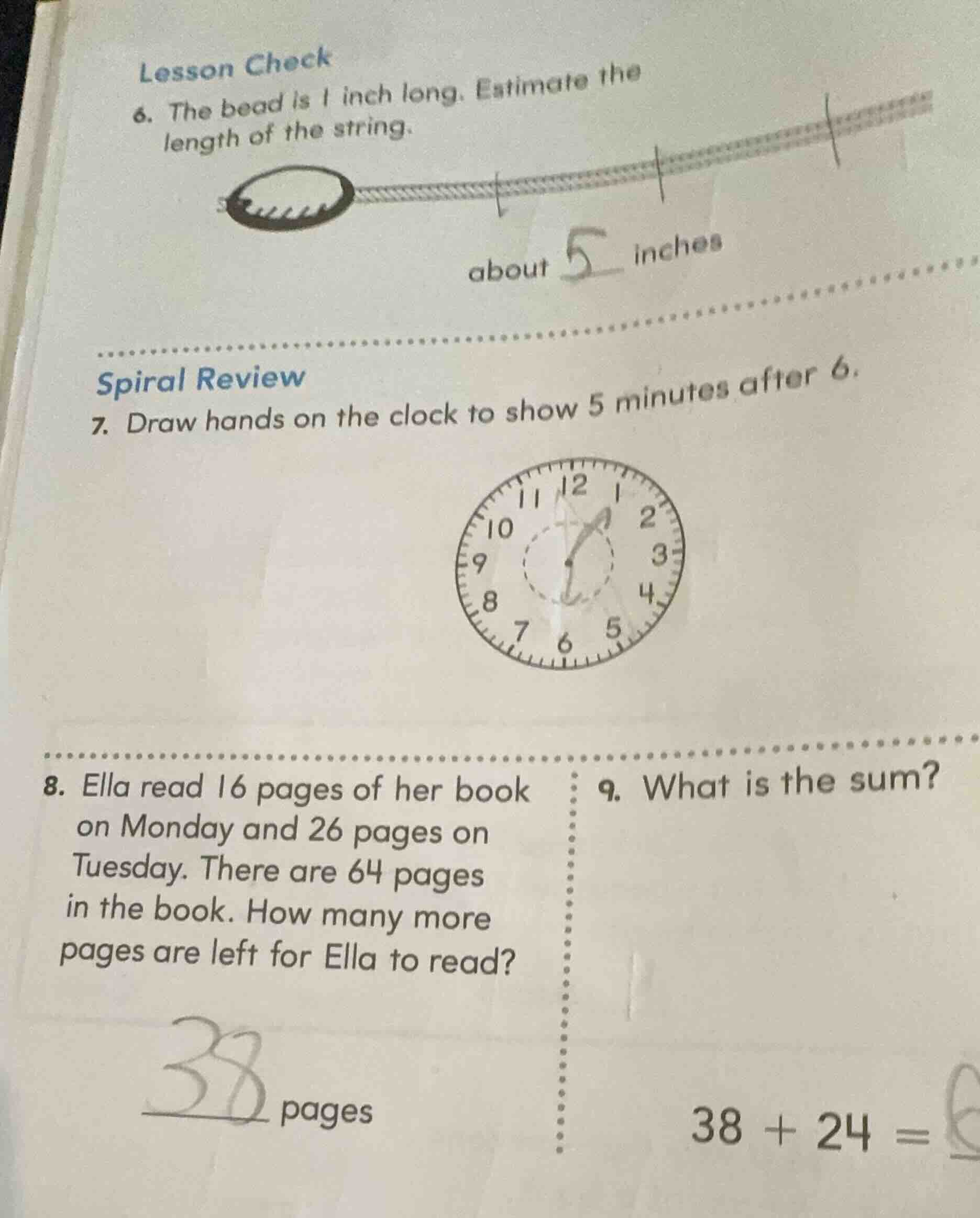 lesson check 6. the bead is 1 inch long. estimate the length of the str…
