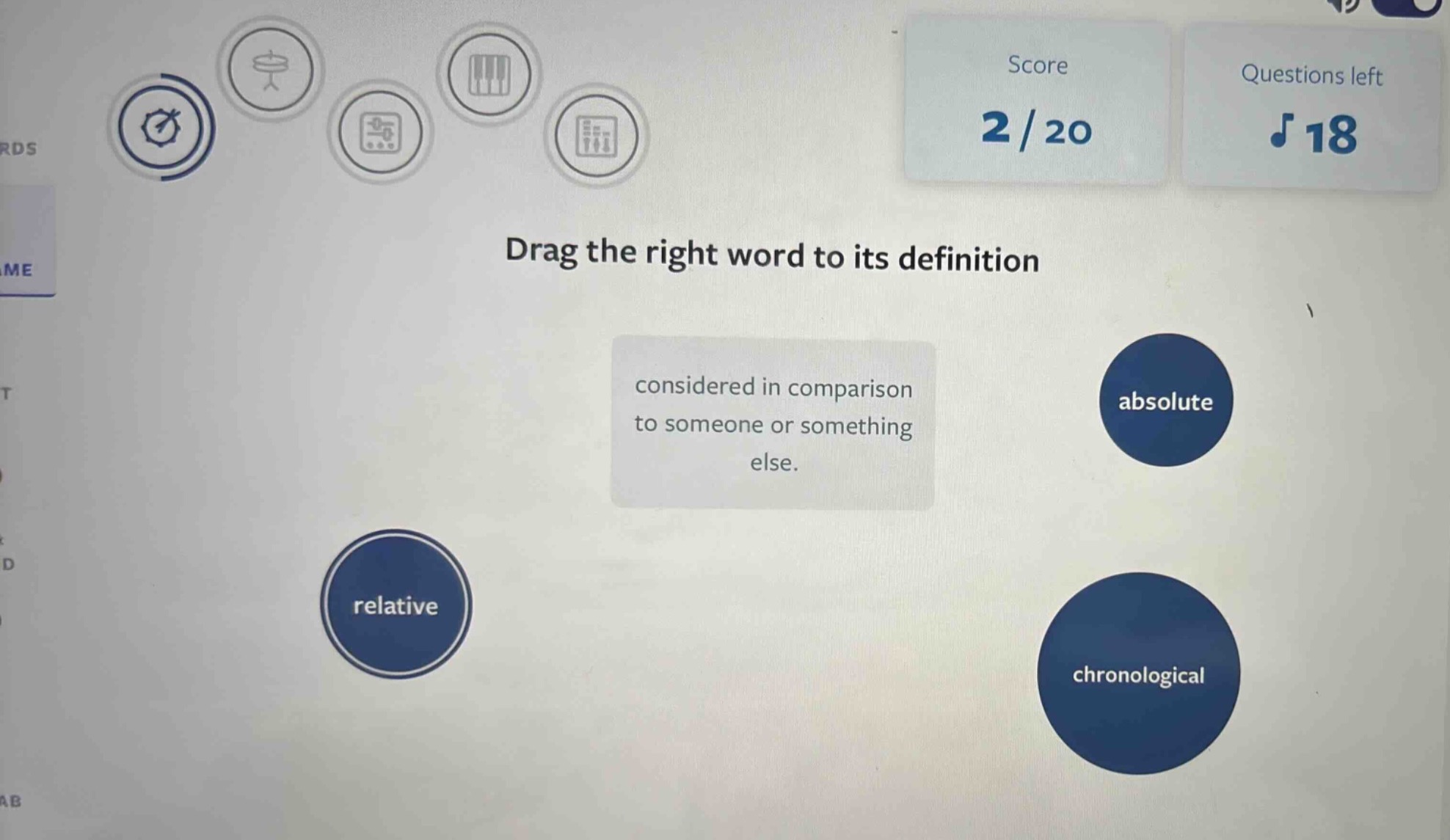 drag the right word to its definition considered in comparison to someo…