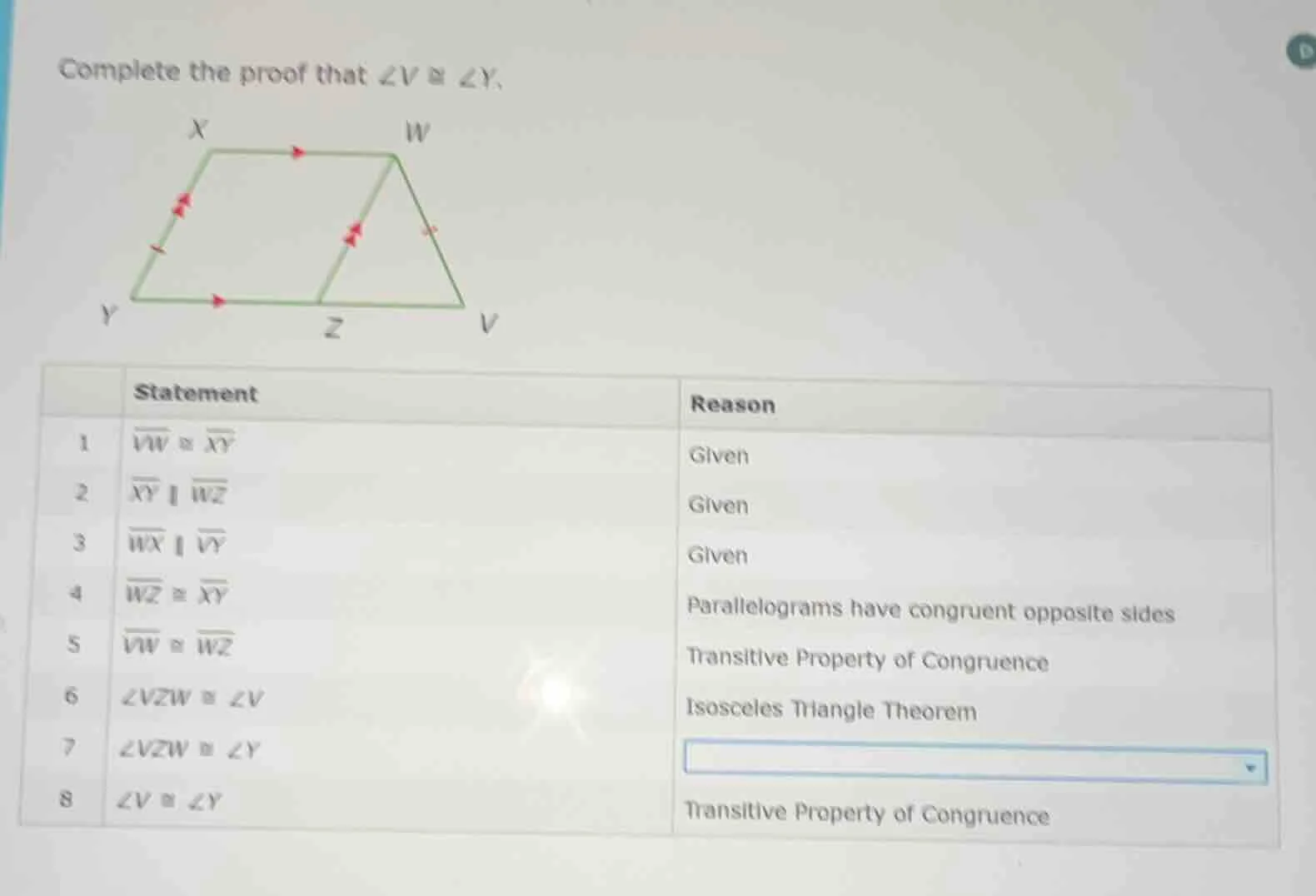 complete the proof that $\\angle v \\cong \\angle y$. | | statement | r…