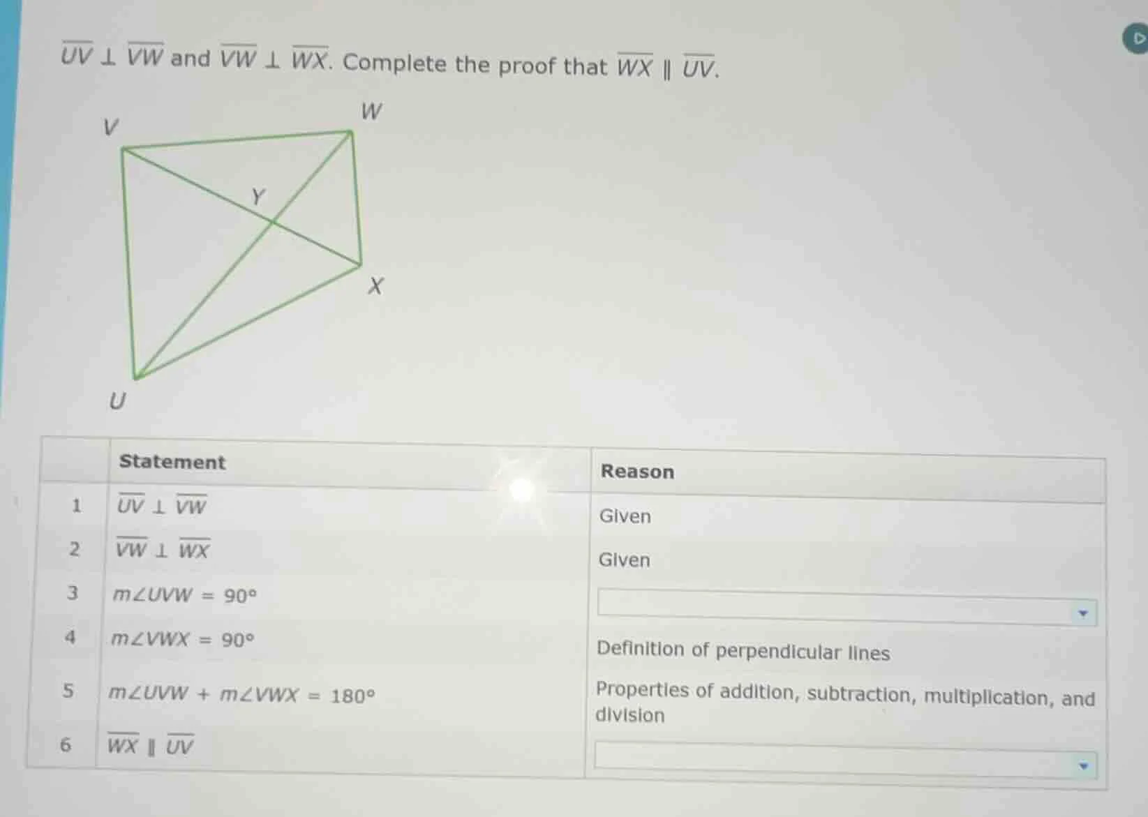 $overline{uv} perp overline{vw}$ and $overline{vw} perp overline{wx}$. …