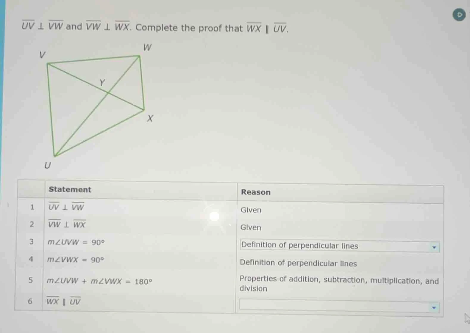 $overline{uv} perp overline{vw}$ and $overline{vw} perp overline{wx}$. …