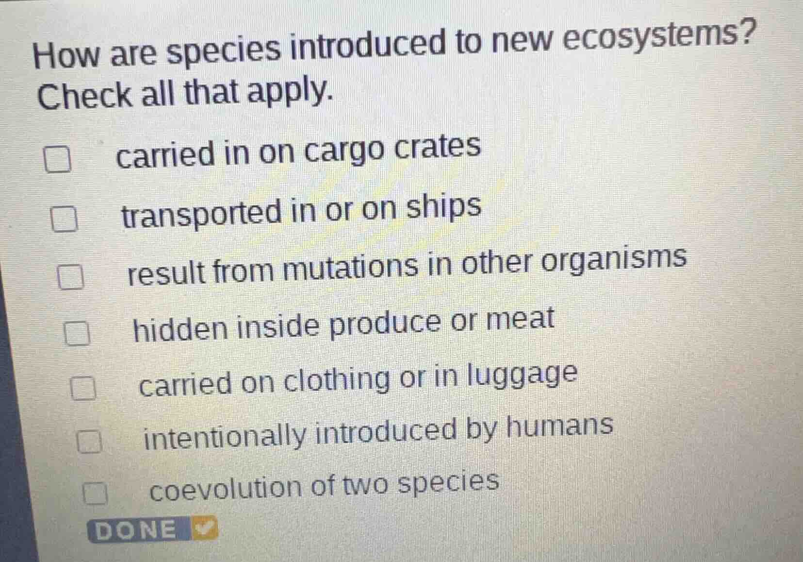 how are species introduced to new ecosystems? check all that apply. car…