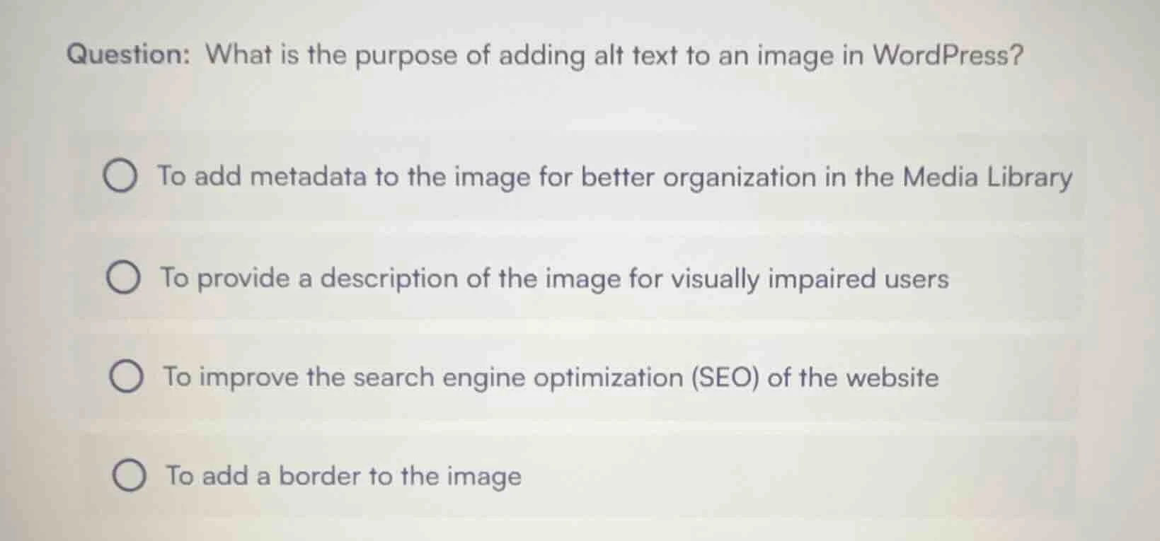 question: what is the purpose of adding alt text to an image in wordpre…