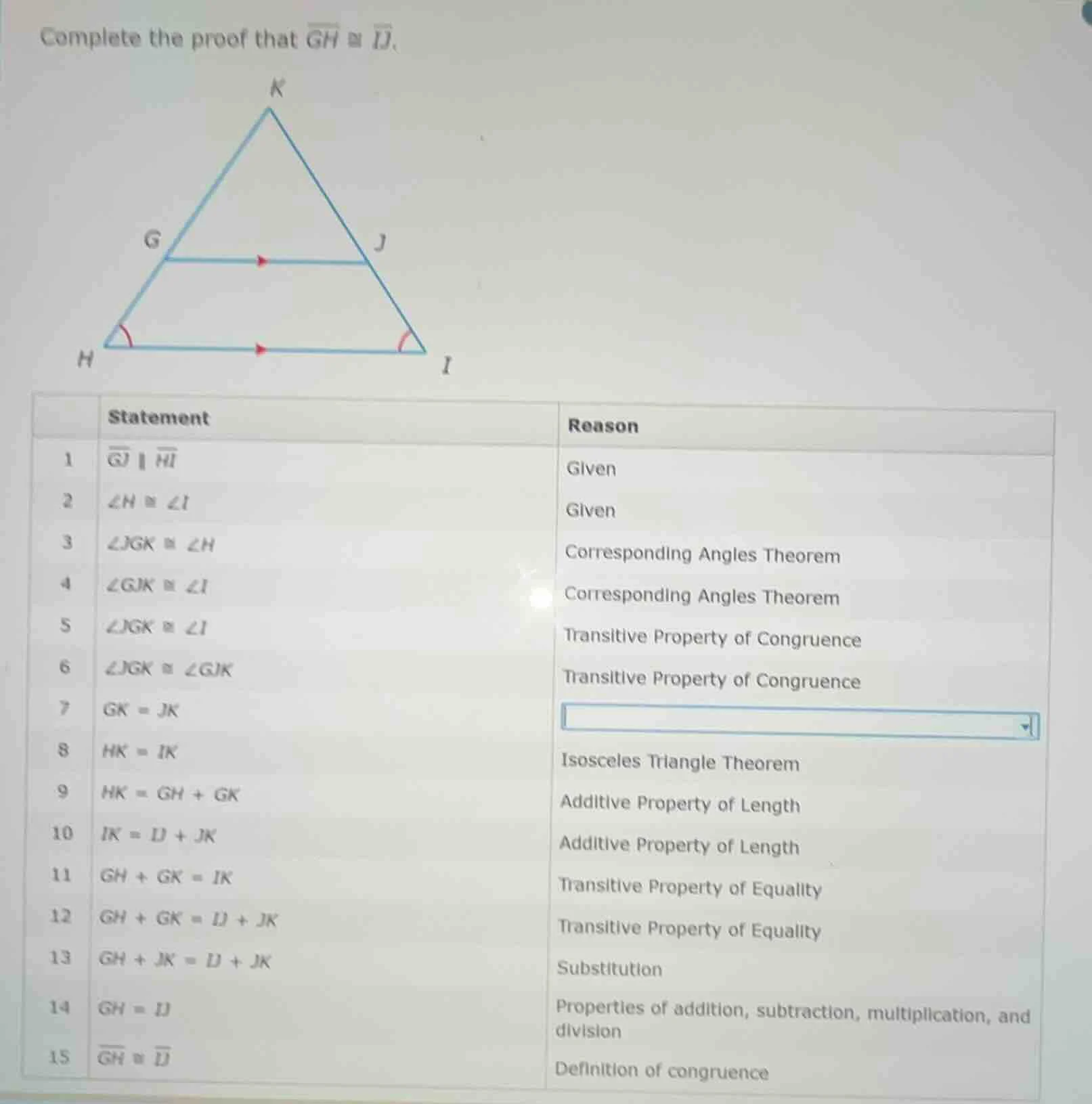 complete the proof that $overline{gh} cong overline{ij}$. (image of tri…