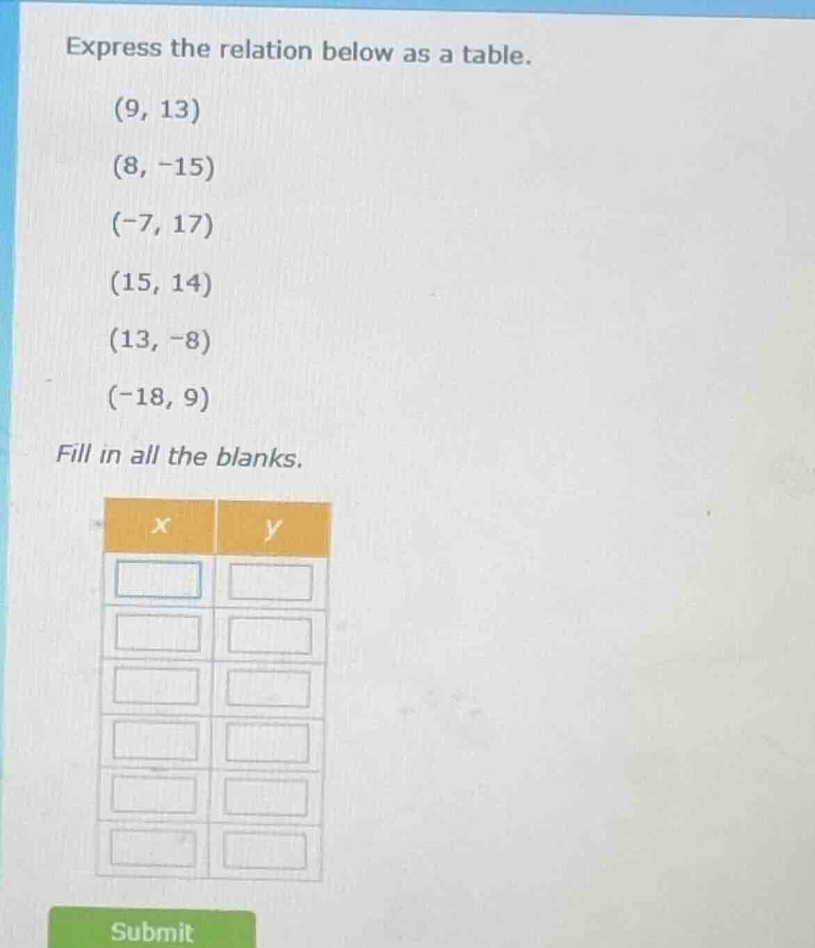 express the relation below as a table. (9, 13) (8, -15) (-7, 17) (15, 1…