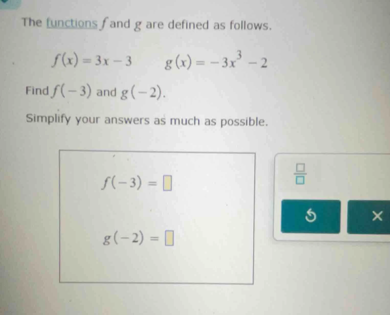 the functions f and g are defined as follows. $f(x) = 3x - 3$ $g(x) = -…