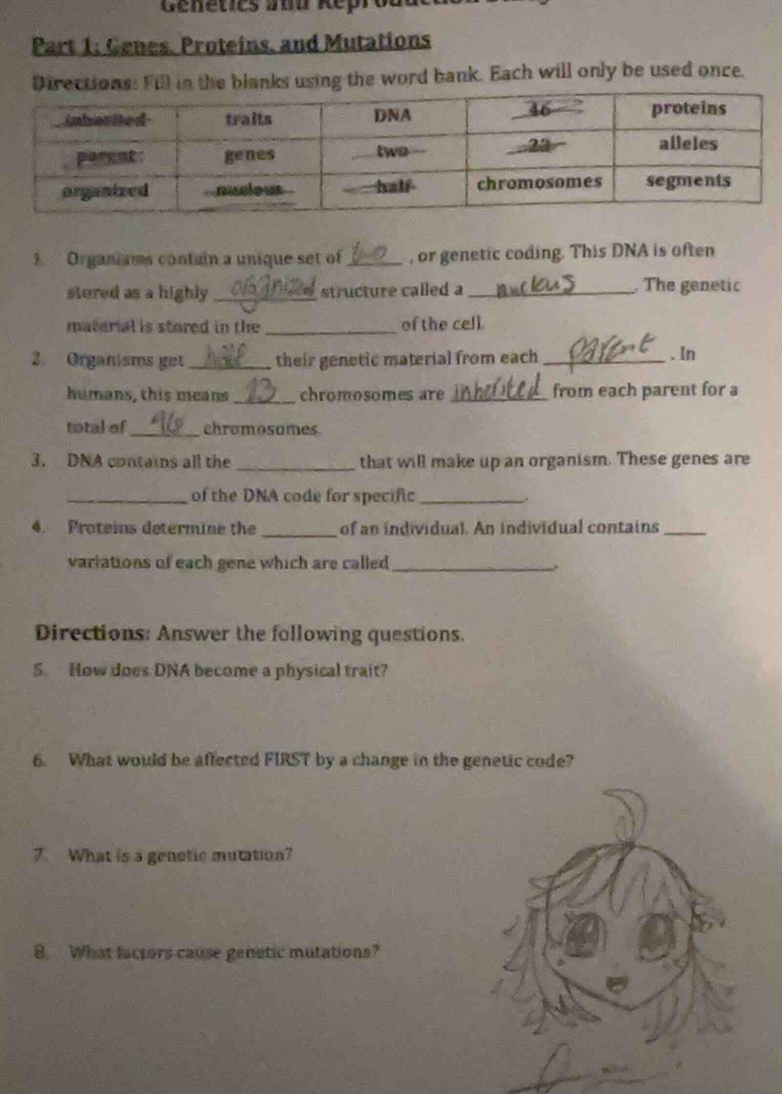 part 1: genes, proteins, and mutations directions: fill in the blanks u…