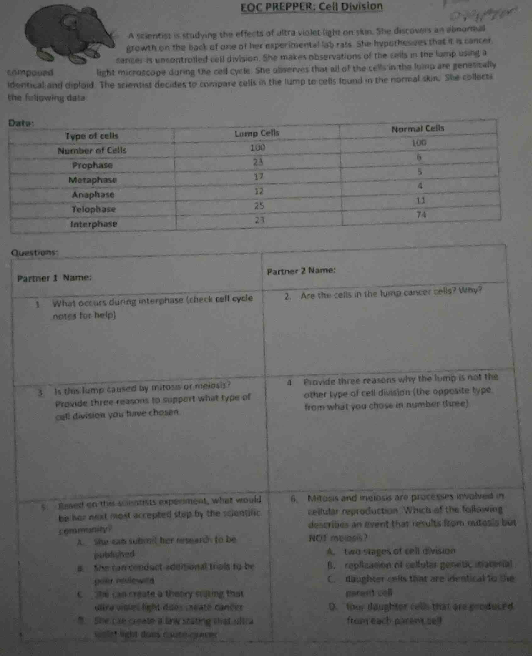 eoc prepper: cell division a scientist is studying the effects of ultra…