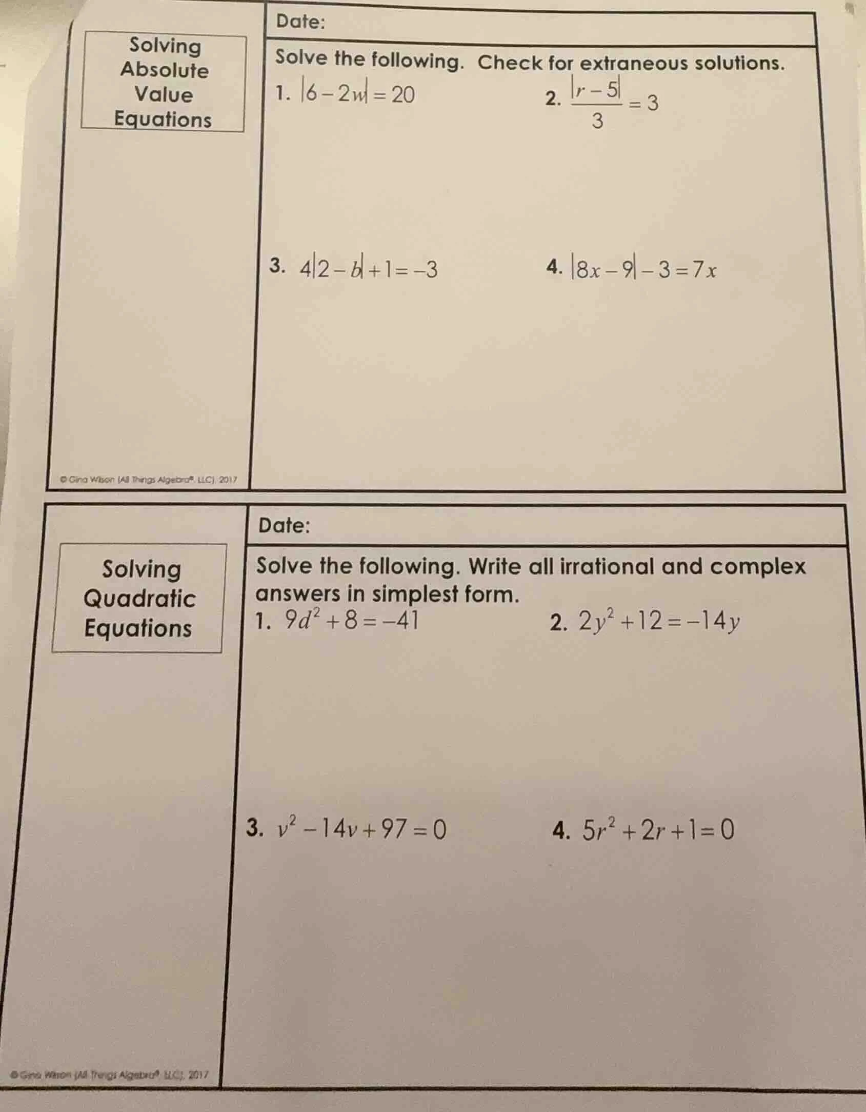 solving absolute value equations date: solve the following. check for e…