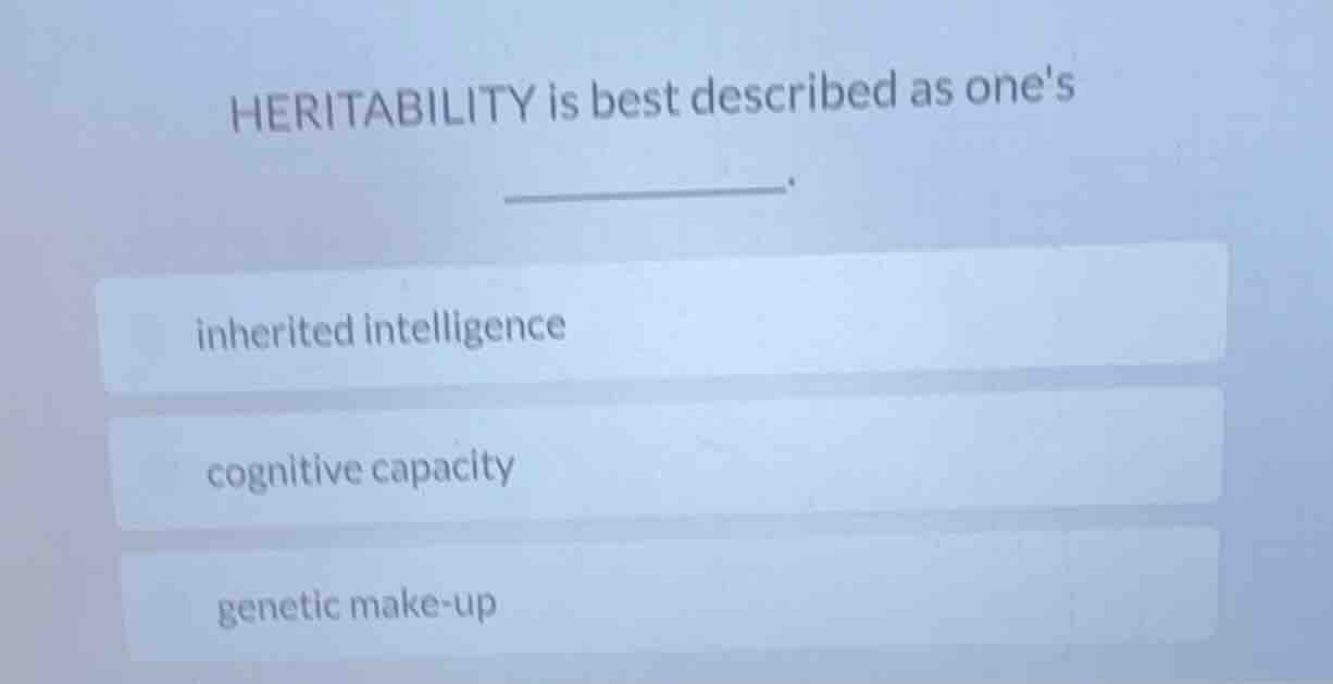 heritability is best described as ones ______. inherited intelligence c…