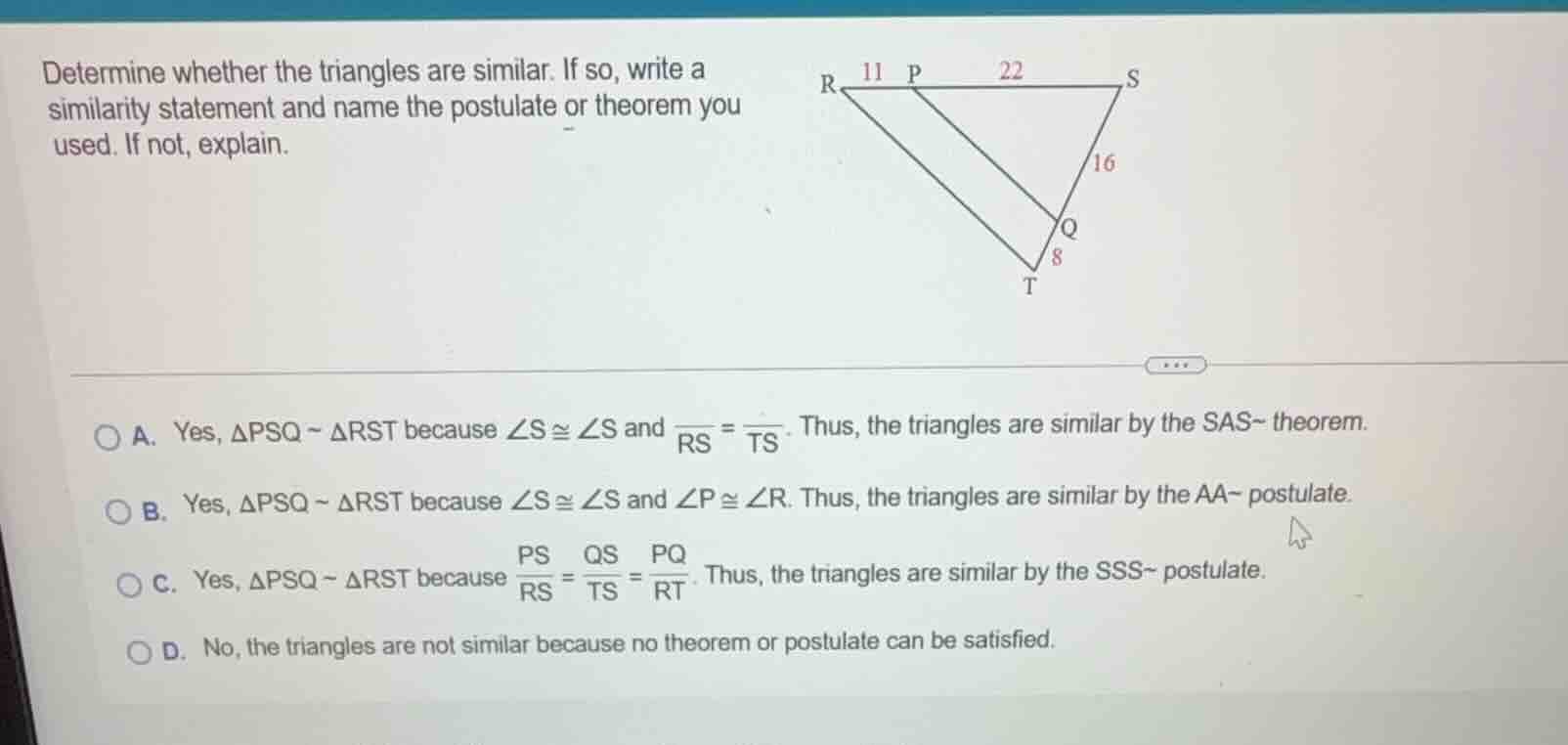 determine whether the triangles are similar. if so, write a similarity …