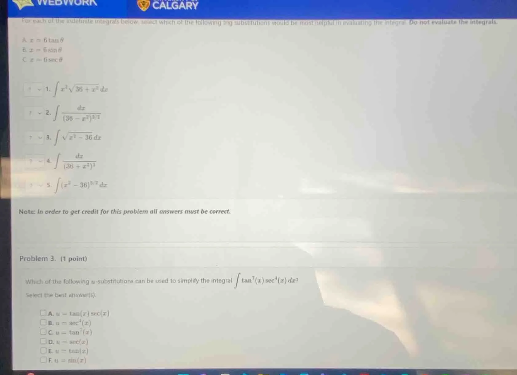 for each of the indefinite integrals below, select which of the followi…