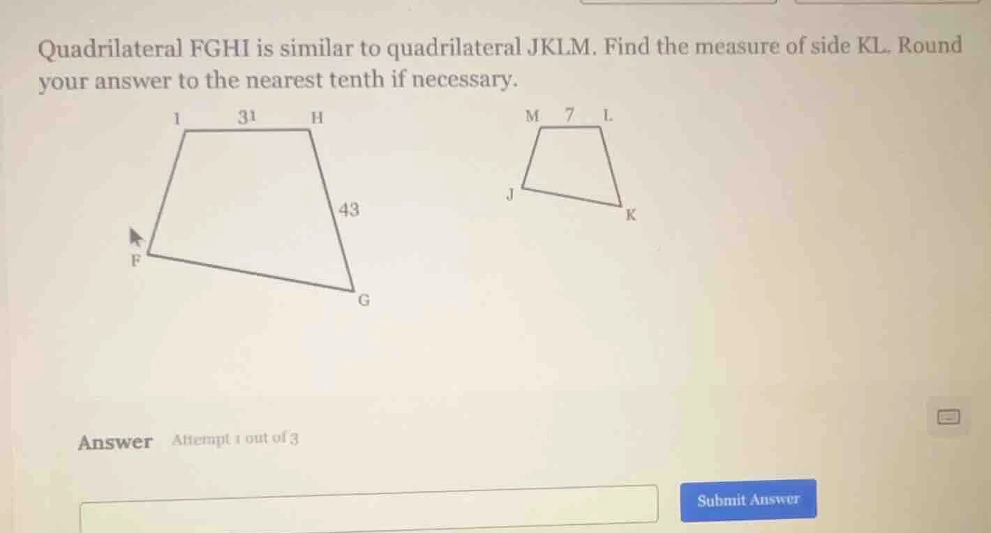 quadrilateral fghi is similar to quadrilateral jklm. find the measure o…