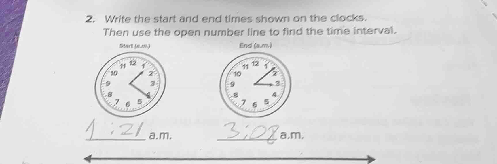 2. write the start and end times shown on the clocks. then use the open…