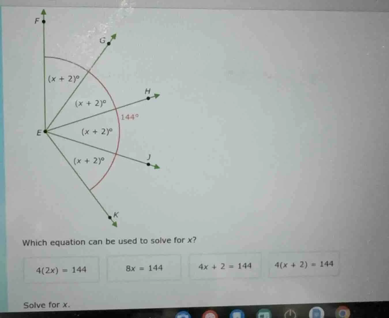 which equation can be used to solve for x? $4(2x) = 144$ $8x = 144$ $4x…