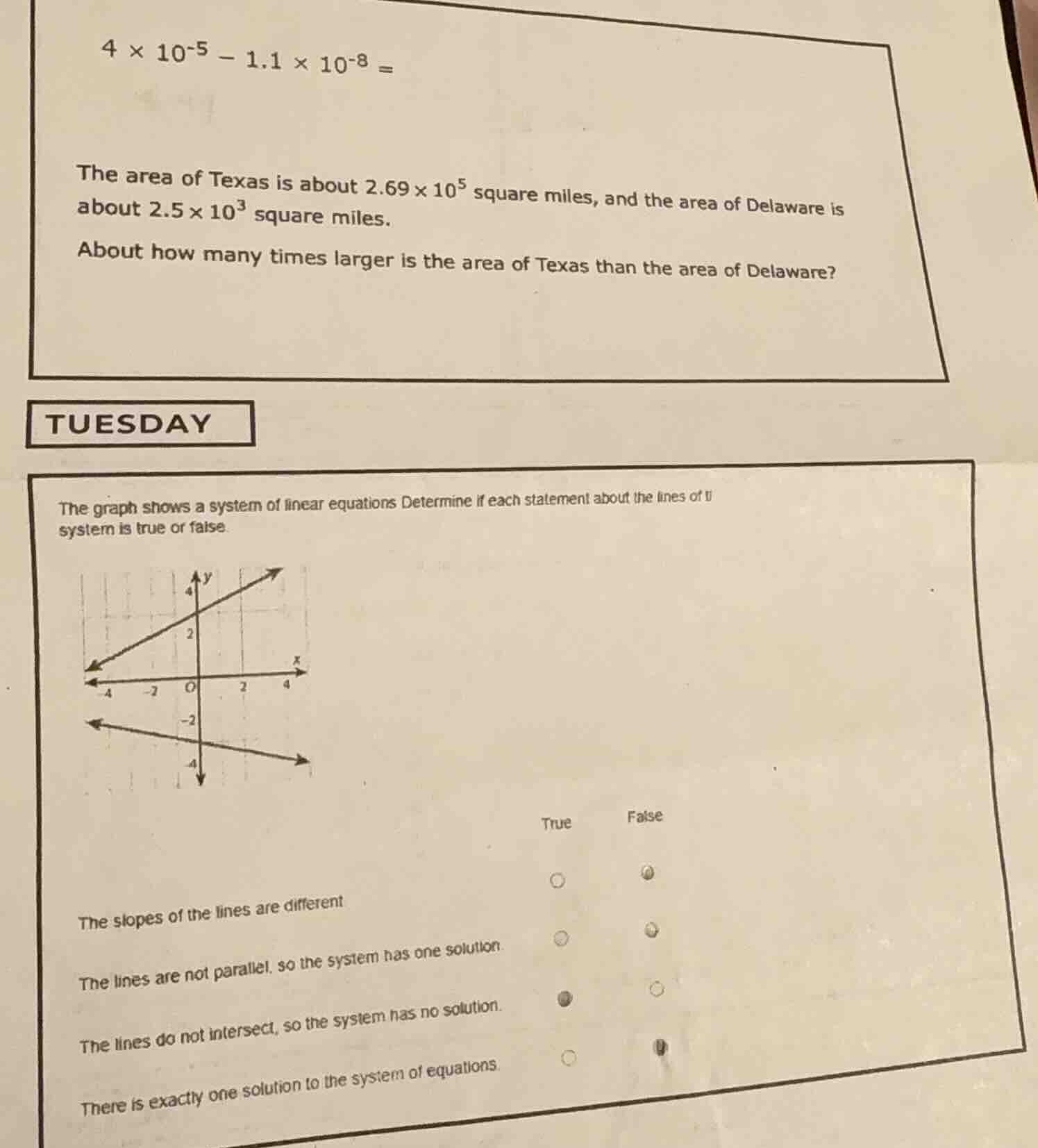 4 × 10⁻⁵ − 1.1 × 10⁻⁸ = the area of texas is about 2.69 × 10⁵ square mi…