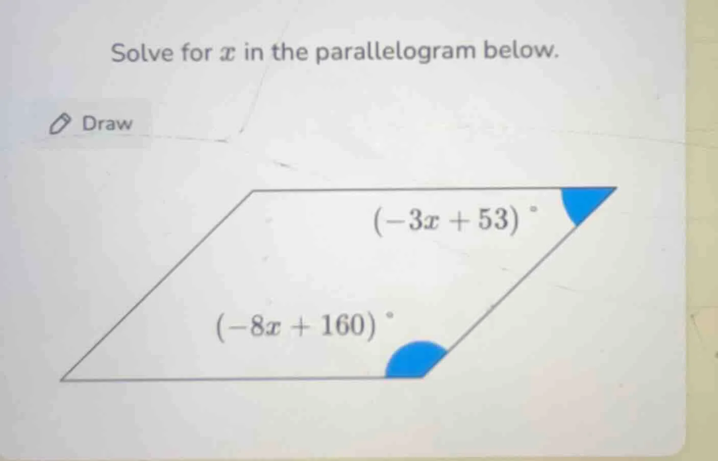 solve for ( x ) in the parallelogram below. the parallelogram has angle…