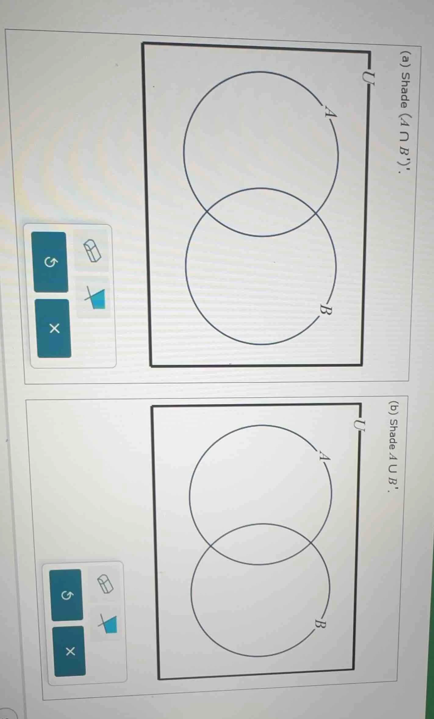 (a) shade ((a cap b)). (b) shade (a cup b).