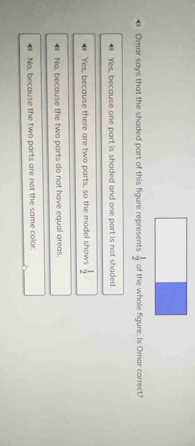 omar says that the shaded part of this figure represents \\(\frac{1}{2}…