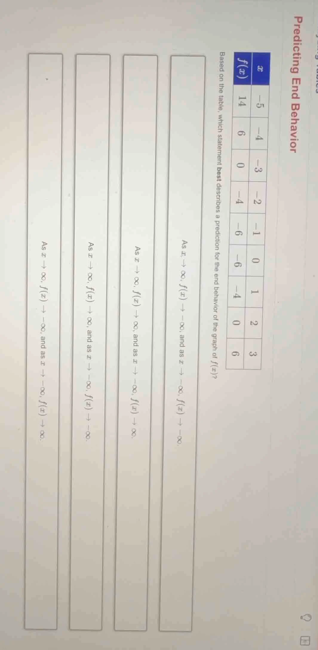 predicting end behavior based on the table, which statement best descri…