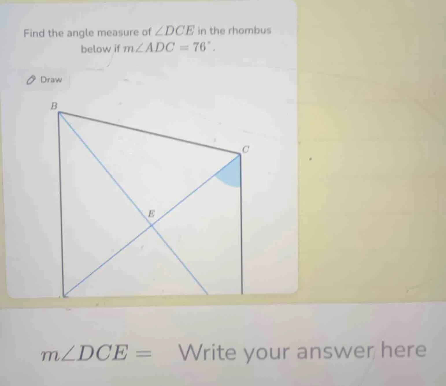 find the angle measure of $\\angle dce$ in the rhombus below if $m\\ang…