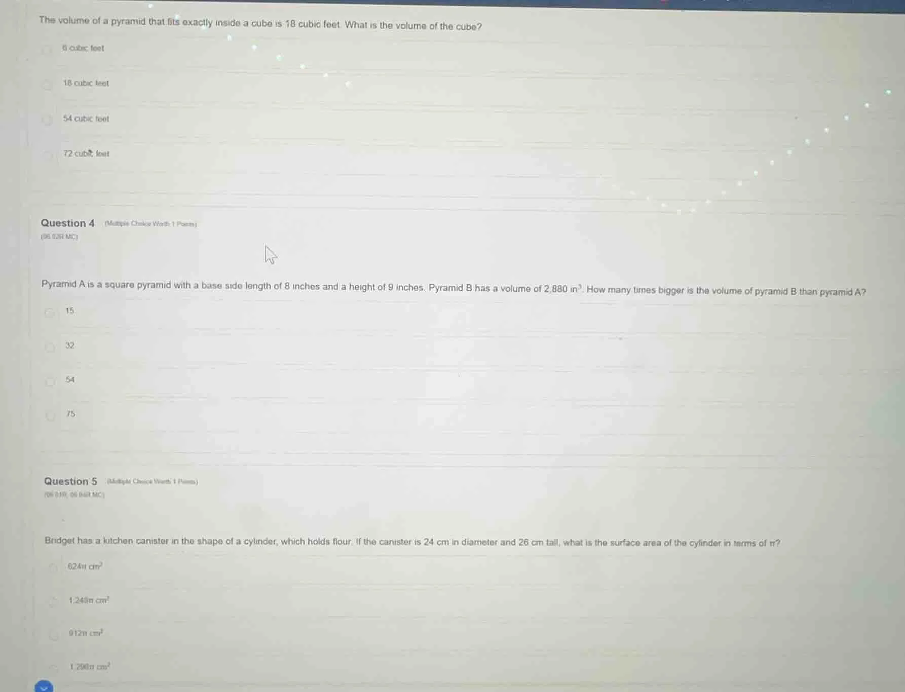 the volume of a pyramid that fits exactly inside a cube is 18 cubic fee…