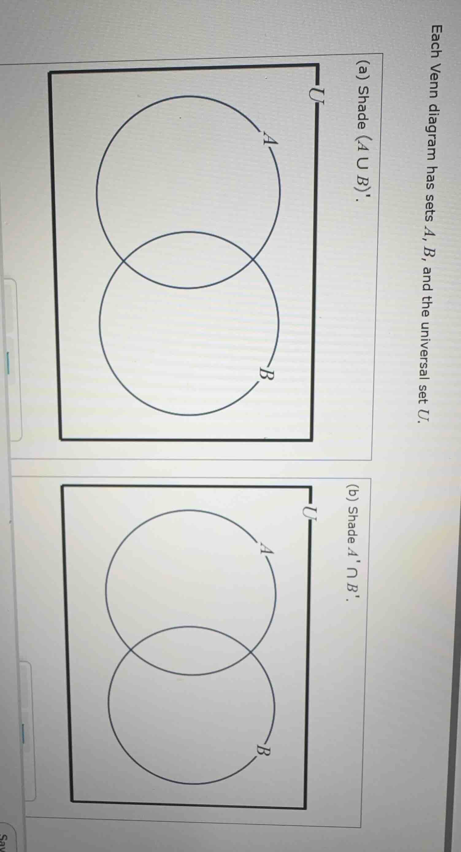 each venn diagram has sets a, b, and the universal set u. (a) shade (a∪…