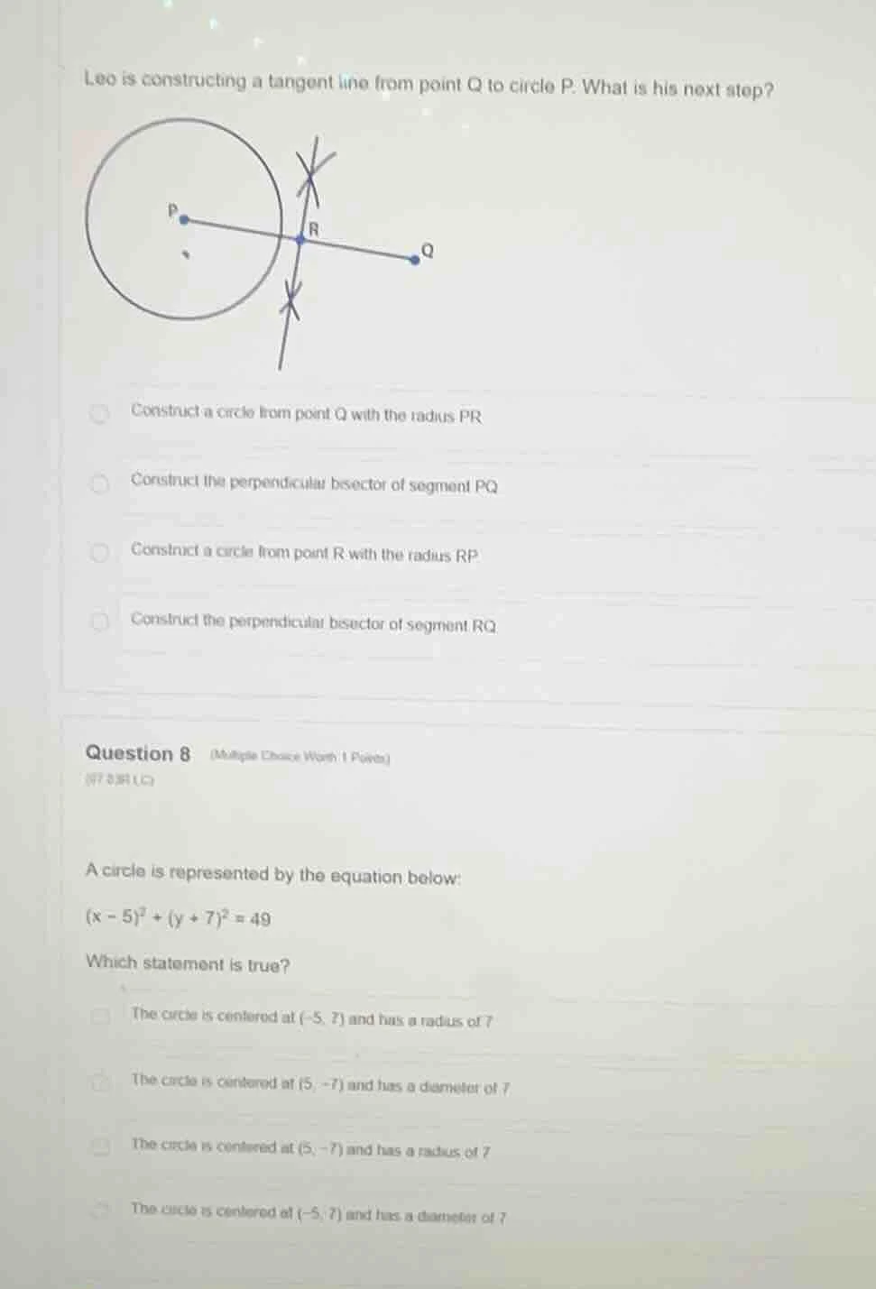 leo is constructing a tangent line from point q to circle p. what is hi…