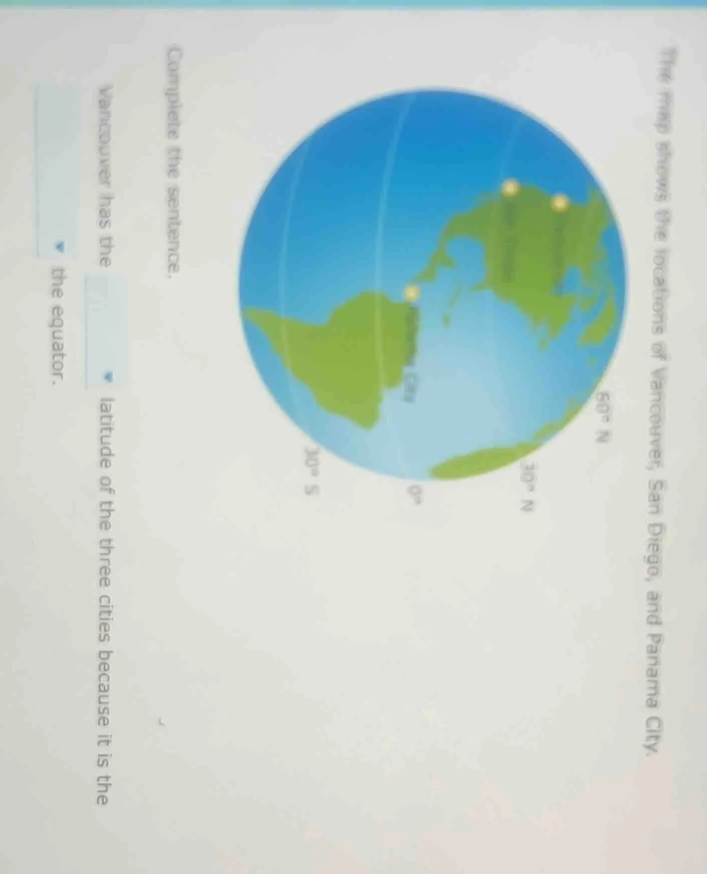 the map shows the locations of vancouver, san diego, and panama city. c…