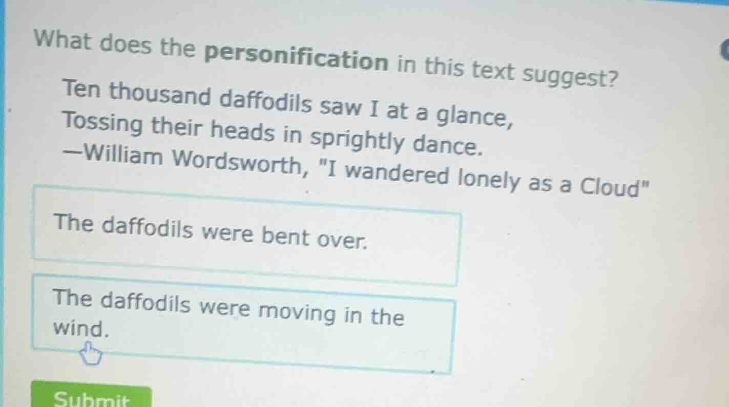 what does the personification in this text suggest? ten thousand daffod…