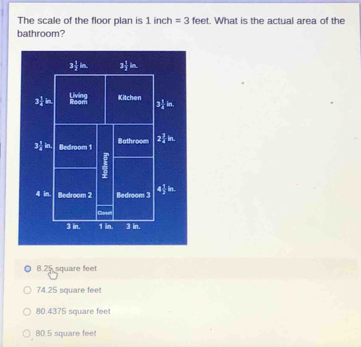 the scale of the floor plan is 1 inch = 3 feet. what is the actual area…