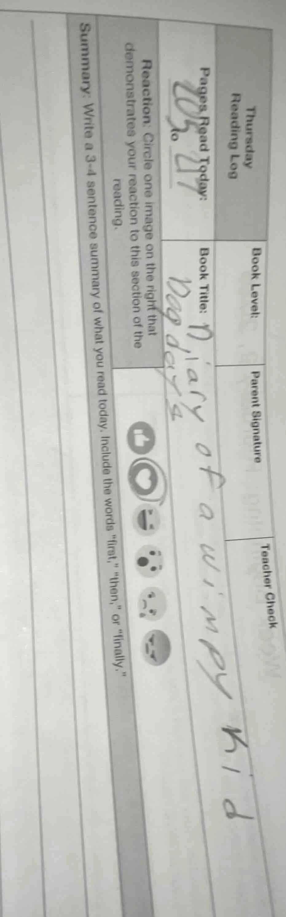 thursday reading log pages read today: 205 to 217 book level: book titl…