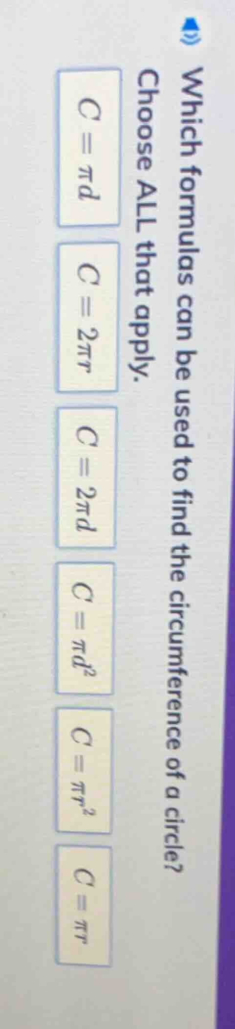 which formulas can be used to find the circumference of a circle? choos…