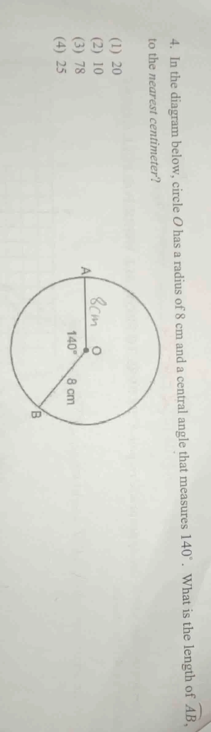 4. in the diagram below, circle o has a radius of 8 cm and a central an…