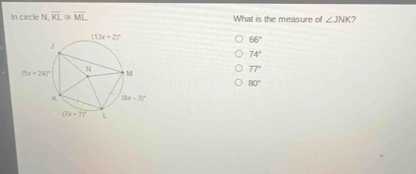 in circle n, \\(\\overline{kl} \\cong \\overline{ml}\\). what is the me…