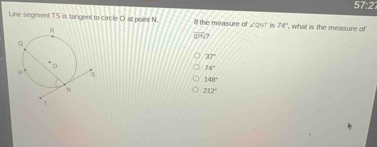 line segment ts is tangent to circle o at point n. if the measure of ∠q…