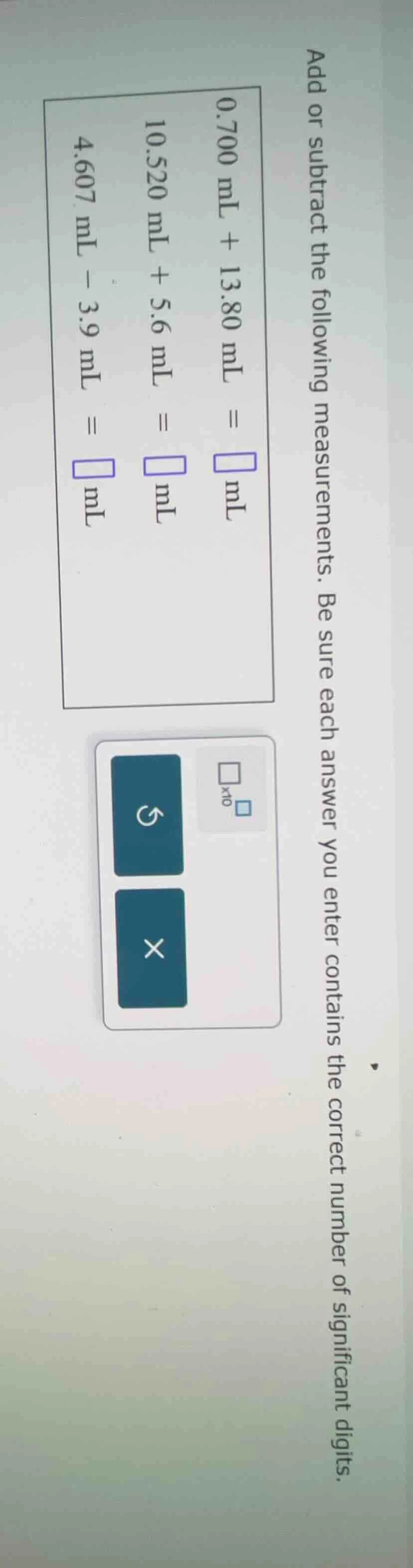 add or subtract the following measurements. be sure each answer you ent…