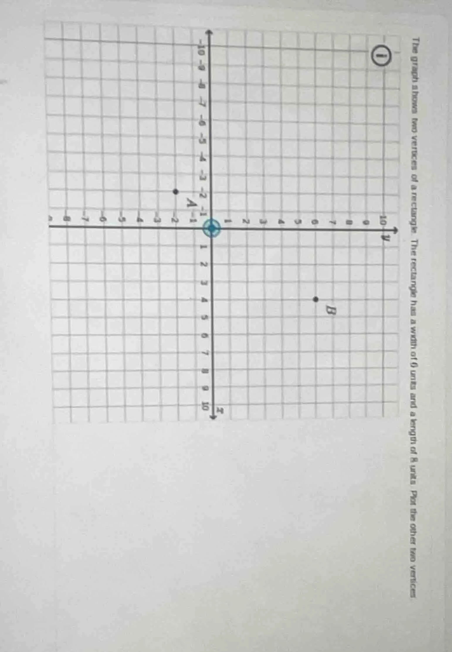the graph shows two vertices of a rectangle. the rectangle has a width …