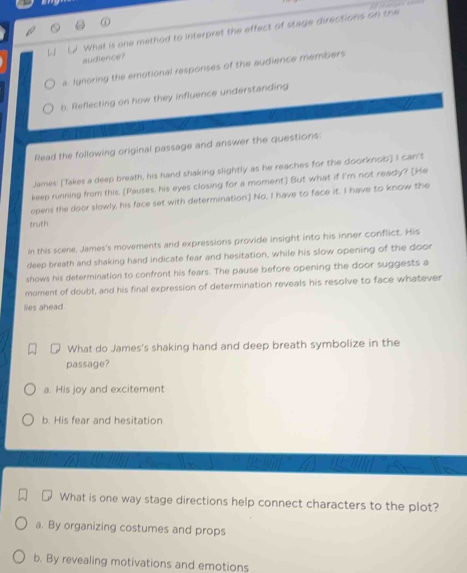 what is one method to interpret the effect of stage directions on the a…