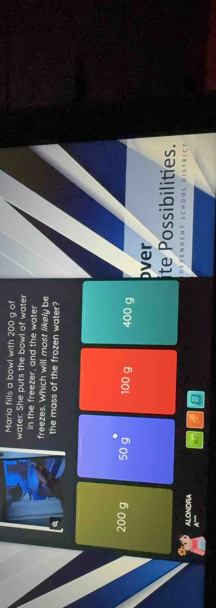 maria fills a bowl with 200 g of water. she puts the bowl of water in t…